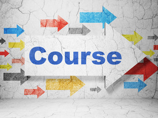 Learning concept:  arrow with Course on grunge textured concrete wall background, 3D rendering