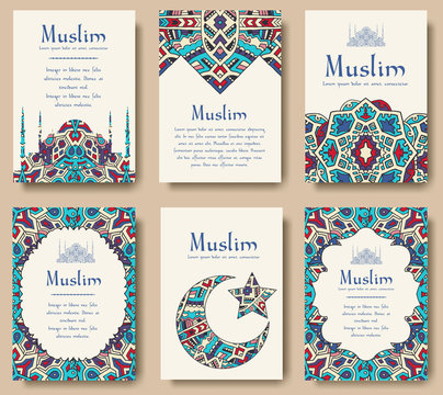 Set of Turkish flyer page ornament illustration concept. Art traditional, Islam, arabic, abstract, ottoman motifs, elements. Vector decorative ethnic greeting card or invitation design