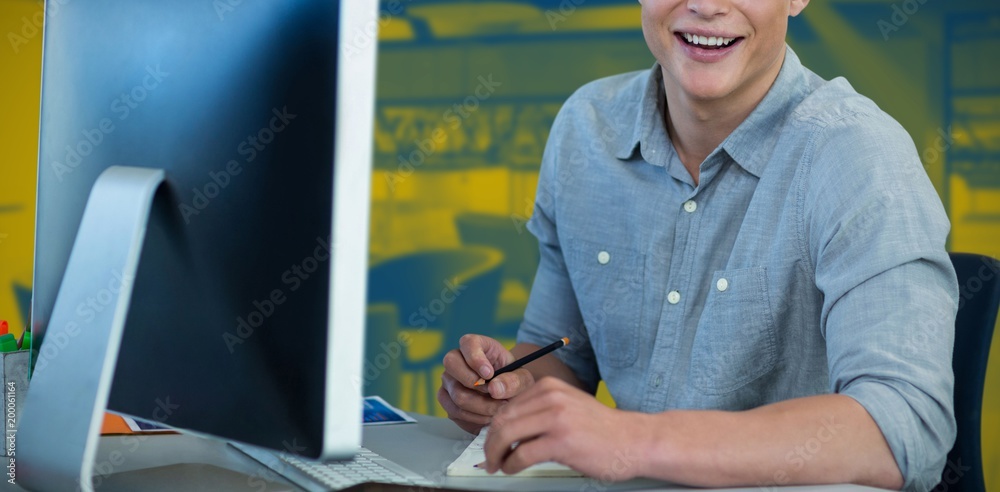 Poster composite image of portrait of businessman using computer at