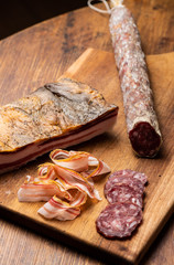 Cold cut with cured meat, bacon and charcuterie selection salami