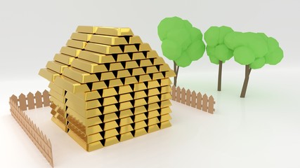 High house price, big property value, credit and mortgage symbolized by a house made of gold bars