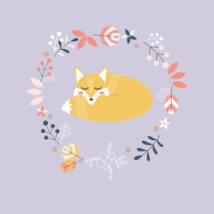 Cute sleeping fox isolated in a wreath with leaves and berries.