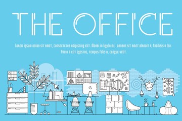 Modern office interior landscape concept. Thin line icons with flat background design. Place for work. workplace designer and it people room