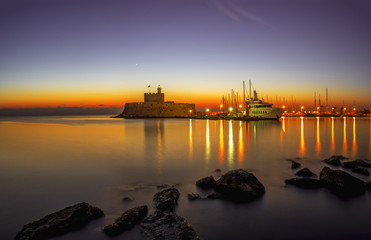 Agios Nikolaos fortress on the Mandraki harbour of Rhodes Greece