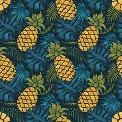 Foto op Plexiglas Ananas Ananas achtergrond. Hand getekende illustratie. Aquarel naadloze patroon
