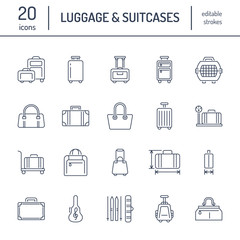 Luggage flat line icons. Carry-on, hardside suitcases, wheeled bags, pet carrier, travel backpack. Baggage dimensions and weight thin linear signs.