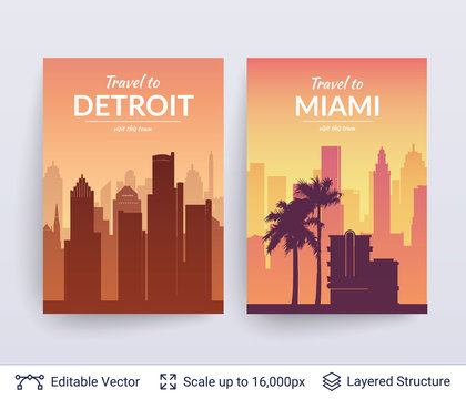 Detroit and Miami famous city scapes.
