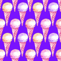 Watercolor seamless pattern with ice-cream. Colorful summer background. Childish trendy print. Waffle cone with ice cream background. Good for fabrics, posters, web, wrapping, wallpaper.