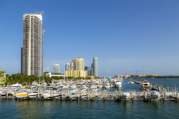 Miami south beach marina with skyline