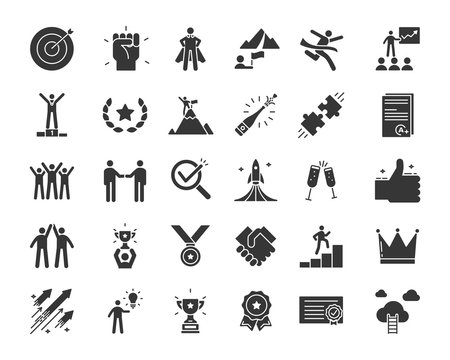Icons related with success, motivation, willpower, leadership, determination, effectiveness and growth. Vector pictogram thematic set in glyph style. Objects and dynamic character actions