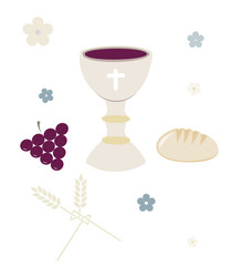 Isolated Christian symbols with chalice grapes bread and wheat ear. Religious sign