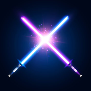 Purple violet and blue crossed light neon swords with trembling blades fight. Laser sabers war on dark blue background. Glowing rays in space. Battle elements with star. Colorful vector illustration.
