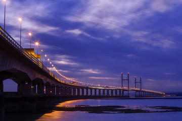 Night view of the Severn bridge which spans from England to Wales in the British Isles