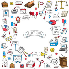 Hand drawn doodle Vote icons set. Vector illustration. Election symbols collection. Cartoon various voting elements: hand putting paper in the ballot box, speaker, scale, calendar, infographics, case.