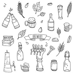 Hand drawn doodle set of Brewery icons. Vector illustration set. Cartoon Craft Beer production symbols. Sketchy brewing elements collection: pub equipment, malt, hop, glass, barrel, mill, beer tap.