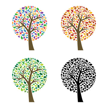 Spring tree, autumn tree, colorful tree, black tree, isolated on white background. Vector illustration