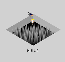businessman helping the worker,Man tries to pull a woman out of Spike trap hole,Help concept,vector illustration.