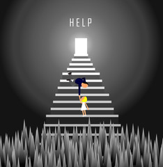 businessman helping the worker,Man tries to pull a woman out of Spike trap hole,Help concept,vector illustration.