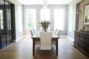 Modern furnished domestic dining room, without people