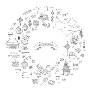 Hand drawn doodle China icons collection Vector illustration Sketchy Chinese icons set. Welcome to China, Tea Ceremony, National Food, Lantern Dim Sum, Dragon, Landmark, Map, Asian architecture