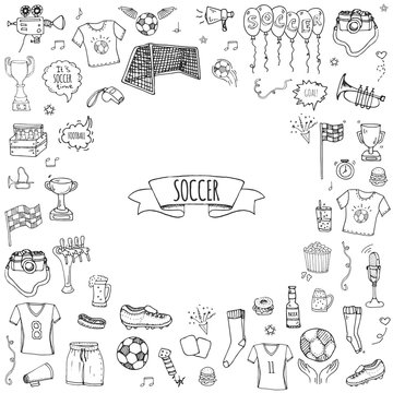 Hand drawn doodle Soccer set Vector illustration Sketchy sport traditional icons Cartoon typical football elements collection Football ball, cleats, goal, trophy, whistle, gloves, boots isolated