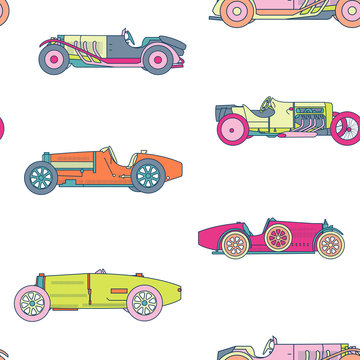 Vector race retro sport car seamless pattern. Vintage automobiles isolated on white background.