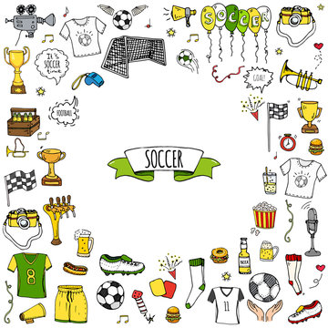 Hand drawn doodle Soccer set Vector illustration Sketchy sport traditional icons Cartoon typical football elements collection Football ball, cleats, goal, trophy, whistle, gloves, boots isolated
