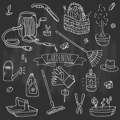 Hand drawn doodle set of Gardening icons. Vector illustration set. Cartoon Garden symbols. Sketchy elements collection: lawnmower, trimmer, spade, fork, rake, hoe, trug, wheelbarrow, hose reel.