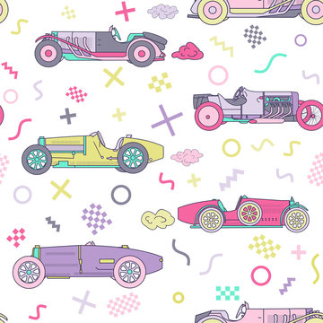 Vector race retro sport car seamless pattern. Vintage automobiles isolated on white background. Memphis Style Pattern