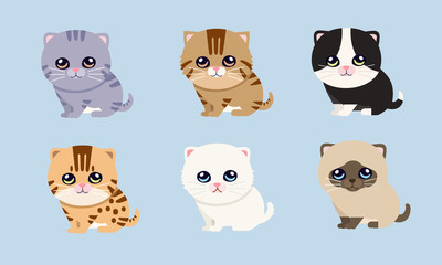 Character set kitten cute cartoon style flat, different varieties