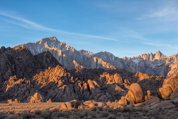 Lone Pine Peak view on sunrise at Alabama Hills, Eastern Sierra Nevada Mountains, Lone Pine, California, USA.