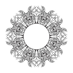 Black and white round mandala frame with a boho pattern. Doodle illustration for sketch of invitation, printing on T-shirts, covers and your creativity. Coloring for adults