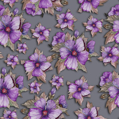 Light purple malva flowers with green and brown leaves on grey background. Seamless floral pattern.  Watercolor painting. Hand drawn illustration.
