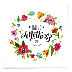 Lettering Happy Mothers Day in flower frame