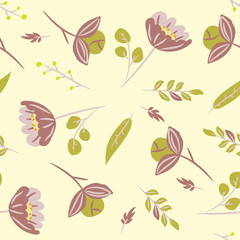 Seamless pattern with leaves and purple flowers. Botanical floral backdrop. Flat  illustration.
