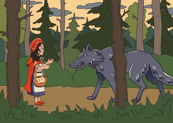 Little red riding hood and big bad wolf in the dark woods. Vector fairy tale illustration.