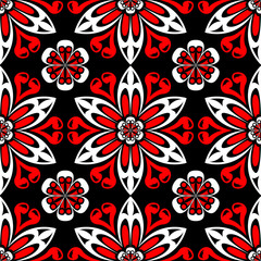 Black red and white floral seamless pattern. Wallpaper background