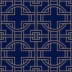 Obraz premium Golden geometric ornament on blue background. Seamless pattern