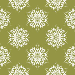 White floral seamless design on olive green background