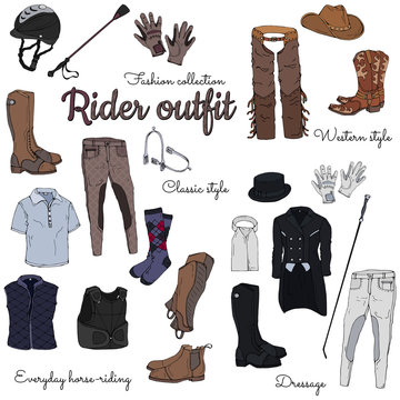 Set of objects on the rider equipment theme. Vector colorful images of sports outfits and clothes for the horse rider.