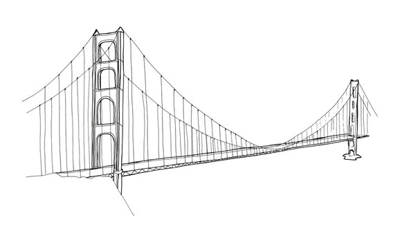 Hand drawn architecture sketch illustration of Golden Gate Bridge, San Francisco CA USA isolated on white