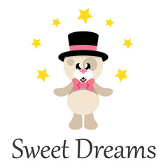 cartoon cute dog with tie and hat with stars and text