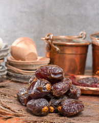 Traditional Middle East dessert, healthy food, big medjool dates fruits.
