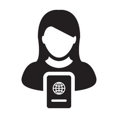 Passport Icon Vector With Female Person Profile Avatar Symbol for International Identity and Travel in Glyph Pictogram illustration