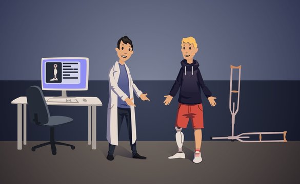 Doctor And Patient With Artificial Leg In Medical Office. Bionic Prosthesis. Vector Illustration.