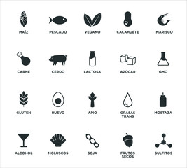 Allergen icon set. Vector illustration. Written in Spanish.