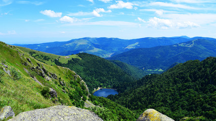 Lake view with alpine background, Vosges, Alsace, France - obrazy, fototapety, plakaty