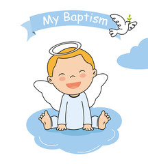 Fototapeta premium baptism invitation card. Smiling angel boy sitting on a cloud