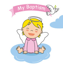 baptism invitation card. Smiling angel girl sitting on a cloud