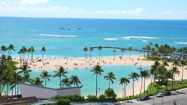 Professional video of view at Waikiki beach in Honolulu Hawaii in 4k slow motion 60fps